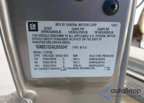 2002 Chevrolet Tahoe Lt из США, поврежденный, VIN 1GNEC13Z42J203247